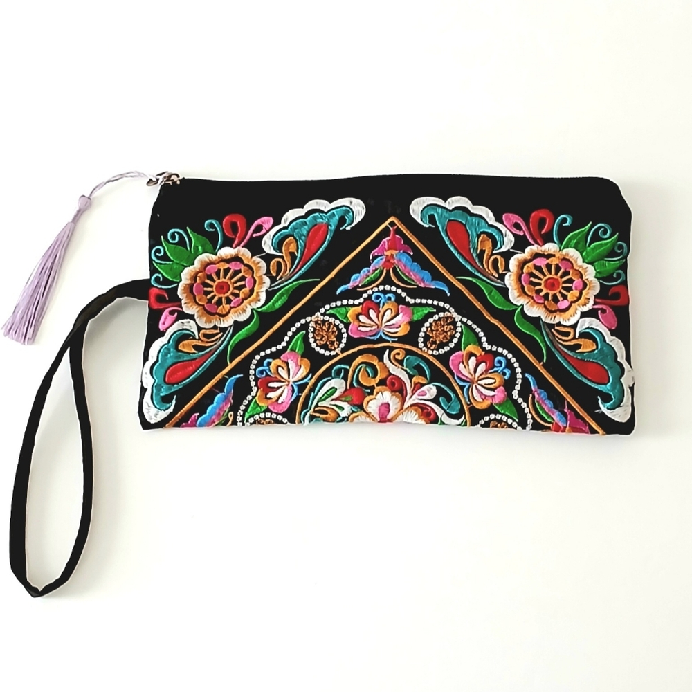 Embroidered Boho Ethnic Black Clutch Wristlet Bag